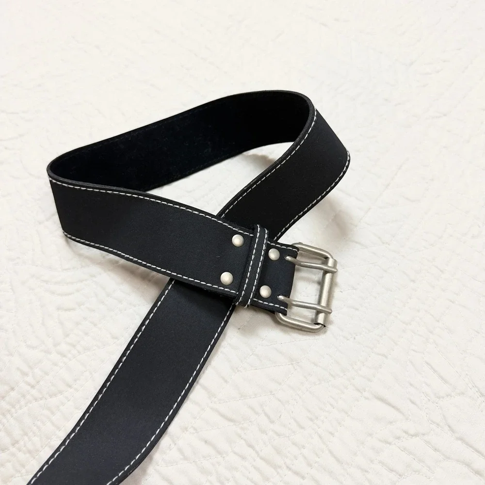Y2K Black Grunge Contrast Stitch Wide Belt Double Prong Buckle OS